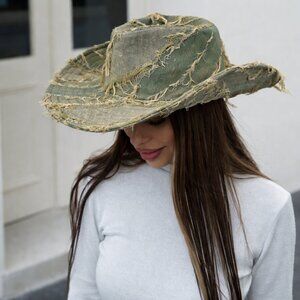 Vintage Style Distressed Denim Cowboy Wide Brim Fedora Hat Women Western